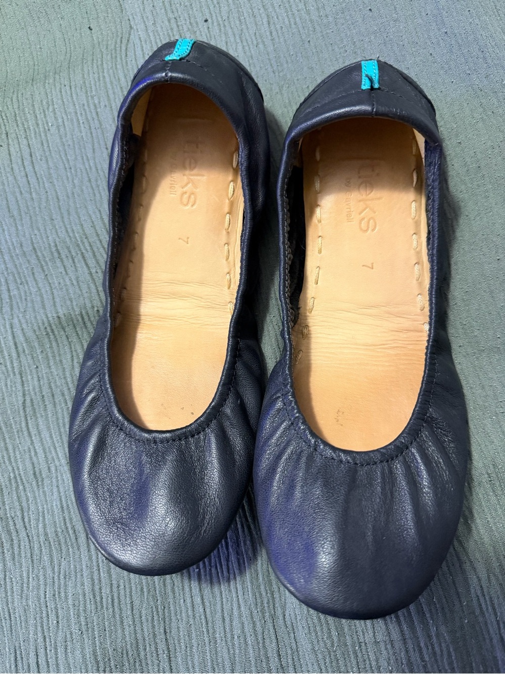 Tieks black Leather Ballet Flats with Teal Stitch